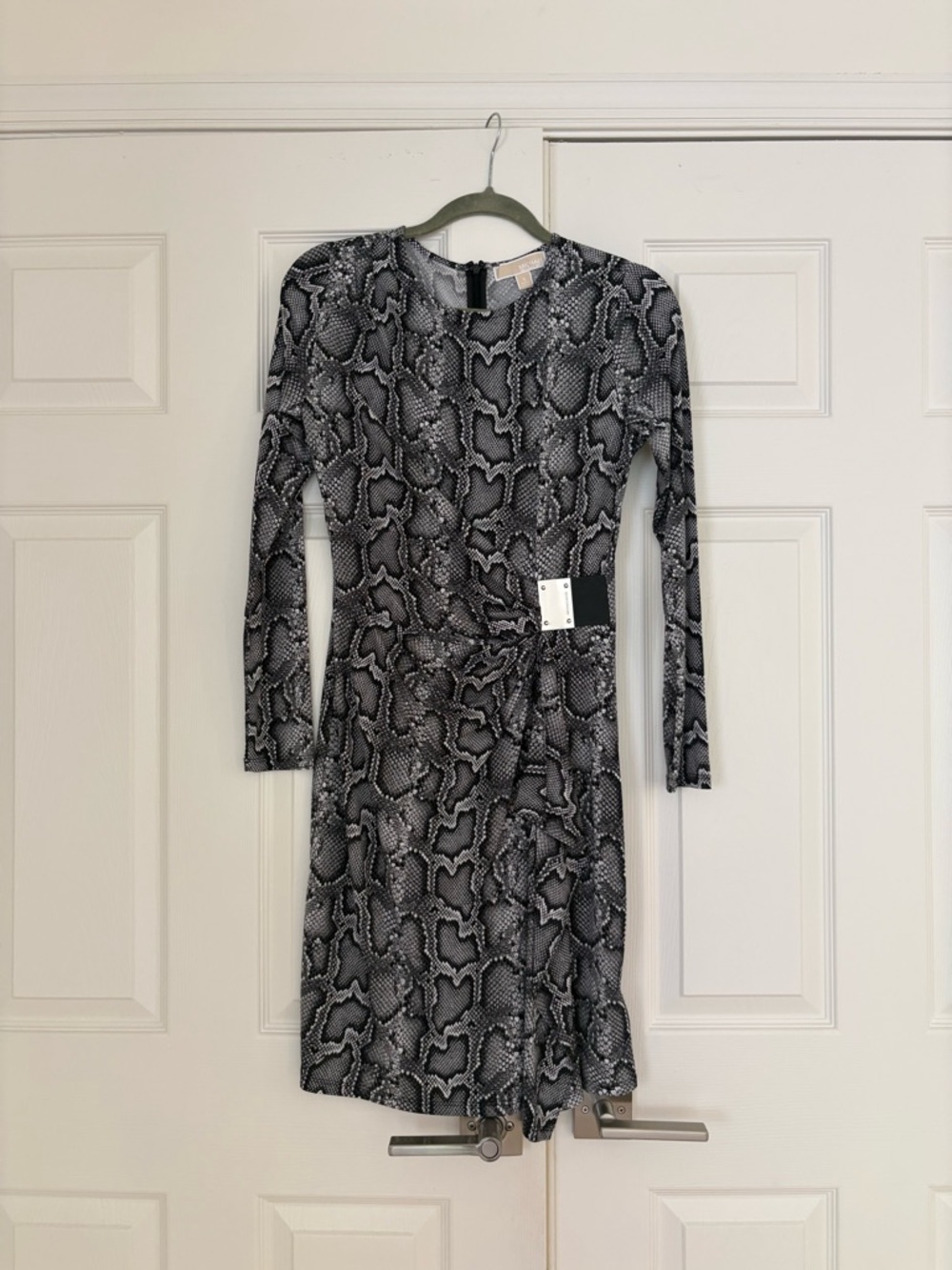 Michael Kors Black and Gray Snake-Print Long Sleeve Tie-Waist Dress